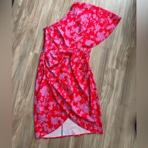 SHEIN Red and Pink One-Shoulder Floral Dress
